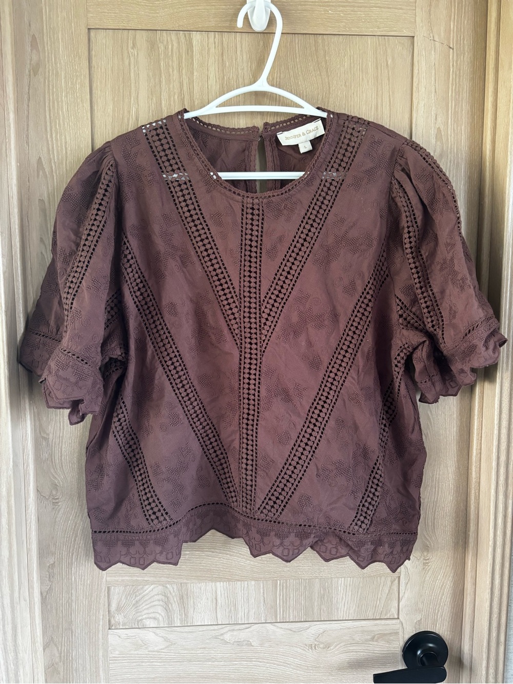 Jennifer & Grace Eyelet Top Size L Prairie Farmhouse Brown T Shirt Boho